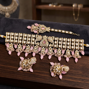 Conjunto nupcial chapado en oro: Collar choker, pendientes colgantes y tikka étnico de circonita. Última tendencia para bodas, compromisos y aniversarios. - Product Image 2