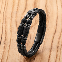 Bracelet en cuir tressé à double couche pour homme, orné de perles de pierre, avec fermoir magnétique en acier inoxydable, fait main