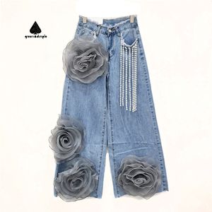 Fabricant de denim, jeans pour femmes sur mesure, élégants, taille haute, coupe slim, jambe large avec décoration florale, <span class=keywords><strong>pantalon</strong></span> en denim - Product Image 1