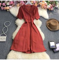 2022 été corée femmes Blouse chemise robe a-ligne à manches courtes col en v genou longueur plage couleur unie mode dame tenue décontractée
