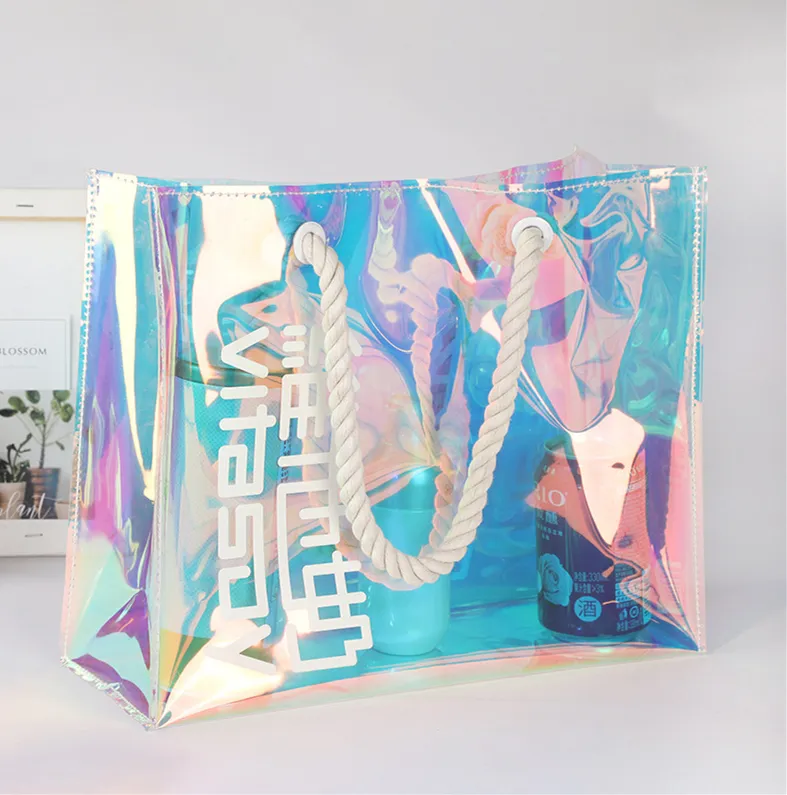 Özel Logo holografik yanardöner kalın pamuk halat kolu PVC plaj hediyelik alışveriş çantası