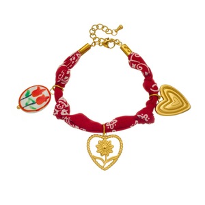 <b>Red</b> Fabric Printed Rope Chain Gold Plated Heart Flower Ceramic Pendant <b>Bracelet</b> Women's Everyday Wear - Product Image 5
