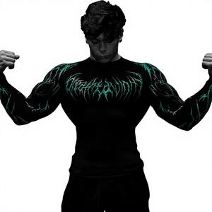 Camisa de Manga Longa Estampada para Homens, Ajustada ao Corpo, com Gola Redonda, de Fleece, para Esportes de Primavera, Secagem Rápida - Product Image 1