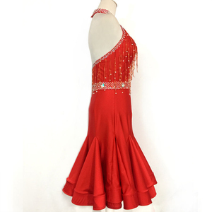 ชุดแข่งขันลาติน WDSF สำหรับสุภาพสตรี แบบคอเสื้อผูกหลังประดับมุกและพู่ห้อย สำหรับเต้นซัลซ่าและรัมบา - Product Image 3