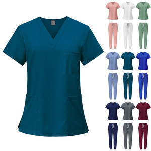 Hot Sale Scrubs Set Nurse Uniform Neck Top Elastic Pants Multi-Pocket Design Polyester Spandex Unisex Hospital Clothing - Product Image 1