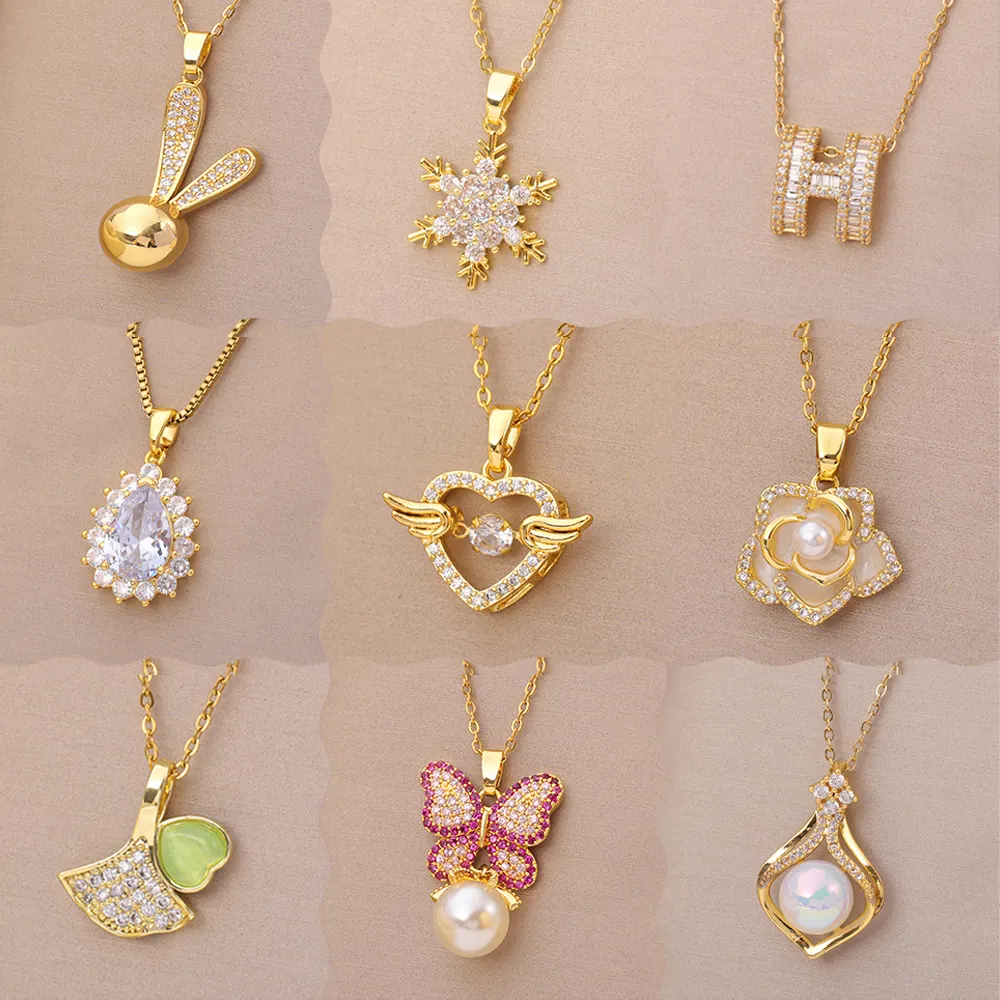 Finetoo Simple Pearl Zircon Butterfly Heart Rabbit Snowflake Pendant Necklace Women's Stainless Steel Jewelry