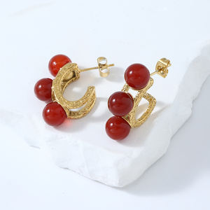 Bonnes Boucles d'Oreilles Large 3 Rubis Pierres Naturelles Boucles d'Oreilles Créoles Martelées Irrégulières CC Boucles d'Oreilles Tendance pour Femmes - Product Image 1