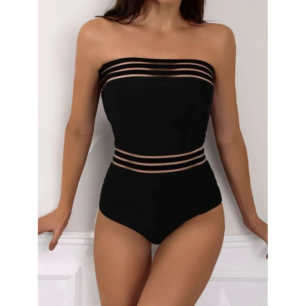 TW6149 Hot Selling Wholesale Swimwear Logo Custom Bathing Suit Contrast Mesh Bandeau One Piece Swimsuit 2021 Bikini Swimwear