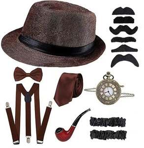 Büyük Gangster Cosplay kostüm <span class=keywords><strong>1920s</strong></span> Mens gangsterler aksesuarları set-fedora Newsboy şapka jartiyer kollukları bağlı papyon - Product Image 5