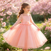Robe de cérémonie longue en tulle pour enfants, à manches longues et dentelle, pour anniversaire, concours de beauté, mariage, demoiselle d'honneur et fête