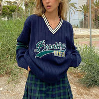 Pull-over tricoté vintage personnalisé pour femme, style universitaire, avec broderie graphique et lettres, vente en gros, offre spéciale