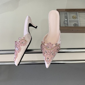 Elegant Lace <b>Kitten</b> <b>Heel</b> <b>Mules</b> Women Crystal Beaded Pointed Toe Sandals Breathable Mesh Wedding Party <b>Heels</b> - Product Image 4