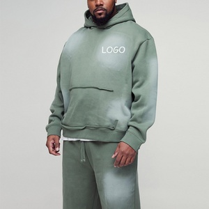 Conjunto de 2 piezas de sudadera con capucha oversize y pantalones de chándal de pierna ancha de algodón con efecto deslavado y desgastado por el sol para hombre, estilo streetwear. - Product Image 1