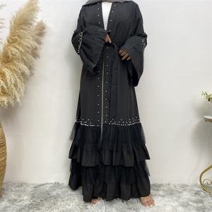 1828# Black Open <b>Abaya</b> With White Pearls Many Layers Pleated With Dreamy Mesh Fashion Classy Popular Ladies <b>Abaya</b> - Product Image 5