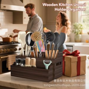 Wooden Cutlery <b>Storage</b> <b>Box</b> With Compartments For <b>Kitchen</b> utensils Organizer Standing Type Rectangular Solid Color - Product Image 4