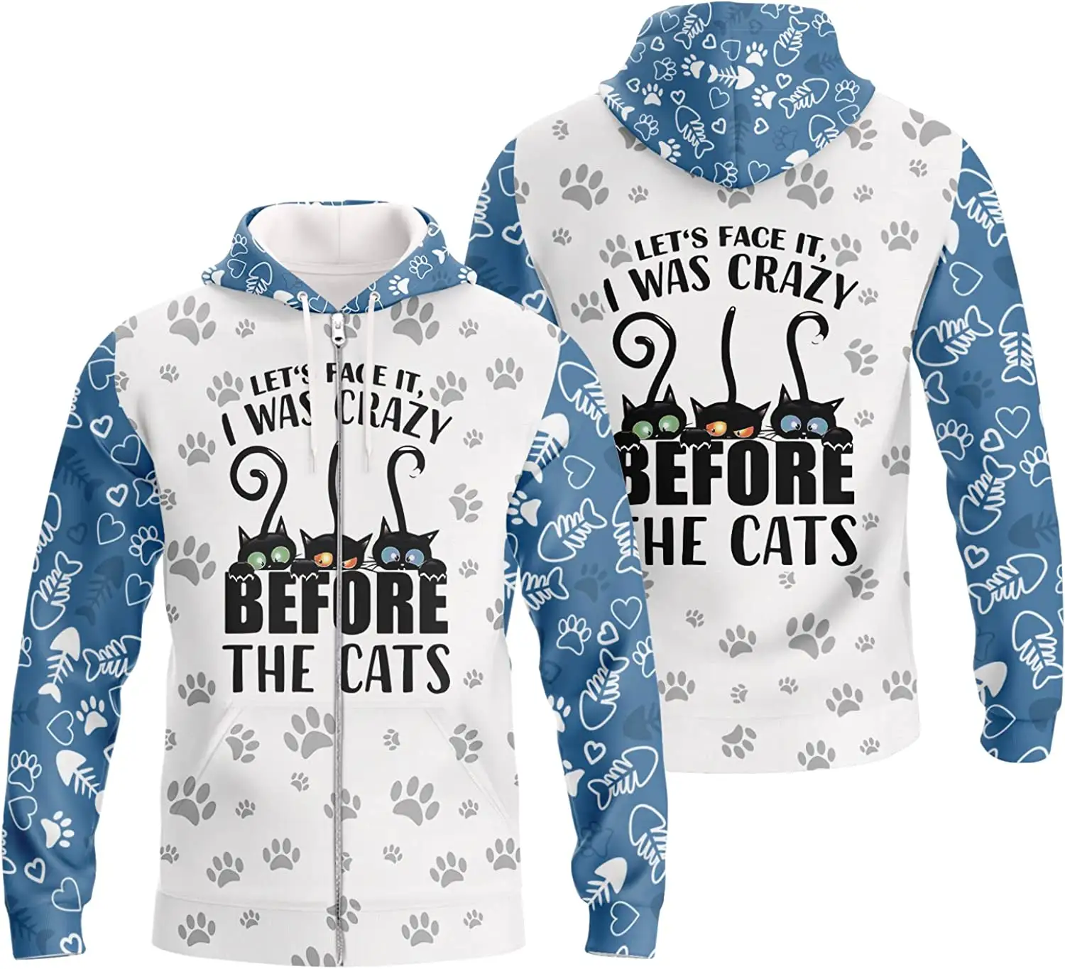 Fitspi 3d Animal Cat Zip Hoodie Cute Kitty Design Jacket With Let Face It I Was Crazy Before The Cats Quote For Kitty Pet Owner
