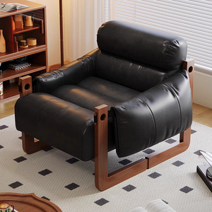 Jersey Island Single <strong>Sofa</strong> Chair Mid-Century Retro Style Leather Leisure Lazy Chair Solid Wood Frame <strong>Sponge</strong> <strong>for</strong> Living Room - Product Image 2