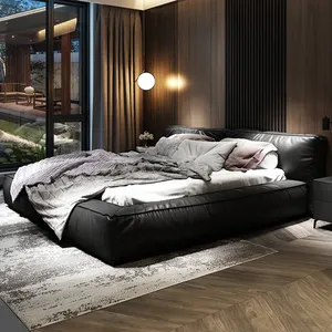 Tempat tidur mewah Italia, set kamar tidur elegan jahitan Modern ganda Tatami lapisan pertama tempat tidur kulit sapi