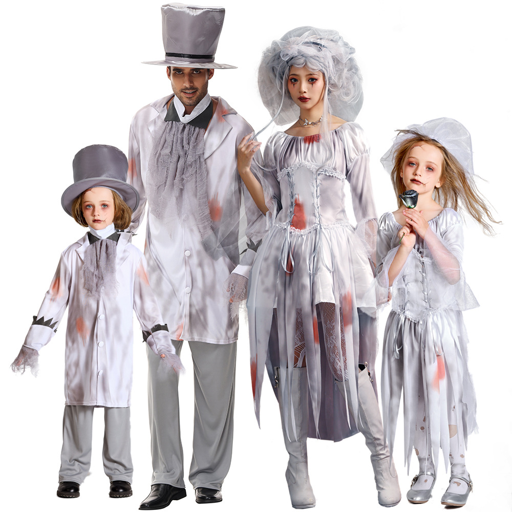 Zombie Vampiro Role Play Branco Vestido Curto Halloween Fantasma Noiva Cosplay Traje com Sangue Uniforme Desempenho