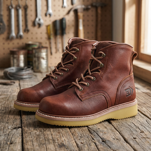 Men's Full Grain <b>Leather</b> Steel Toe <b>Work</b> <b>Boots</b> Lace-up Anti-Slip Rubber Outsole Construction Safety Shoes - Product Image 1