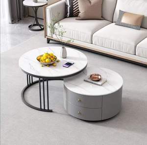 Set di Tavolini da <span class=keywords><strong>Caffè</strong></span> e Tè Estensibili Moderni con Piano in Vetro Rotondo, Pannello in Vetro e Grandi Cassetti per Soggiorno - Product Image 3