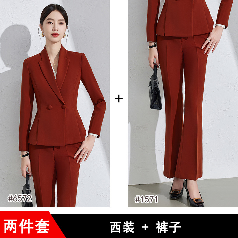 brick red suit with flared trousers