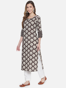 Ensemble Kurti pour femmes en coton écologique vintage imprimé à la main, manches trois quarts, col rond, coupe ample, robe décontractée pour tous les jours - Product Image 5