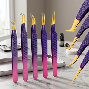 Lot de 5 pinces à cils violettes et dorées en acier inoxydable, à pointe incurvée et droite de précision, pour extensions de cils, volume et isolation, outils de beauté - Product Image 3