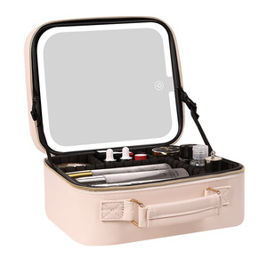 Estuche de maquillaje a cuadros con espejo y luz, organizador de cosméticos de gran capacidad para almacenamiento en el hogar, cierre de cremallera, diseño a cuadros - Product Image 3