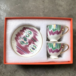 Fresh Eco-Friendly Abstract Colorful Stripe Print Bone China Coffee Cup with Gold Handle and Matching Saucer - Product Image 6