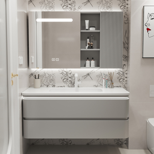 Mobile da <span class=keywords><strong>Bagno</strong></span> Moderno Stile Nordico <span class=keywords><strong>con</strong></span> Angoli Arrotondati, Montaggio a Parete, in Legno Massello, Doppio Cassetto e <span class=keywords><strong>Specchio</strong></span> - Product Image 4