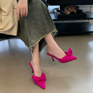 2023 Autumn New Baotou Slippers for Women Fashion Pointed Bow Tie High Heel Half Slippers for Women 41 - Product Image 4