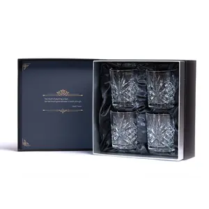 Custom Ouderwetse Gegraveerd Kristal Ronde Whiskey Glazen Set Van 4 Drinken Glaswerk Gift Box Voor Vader