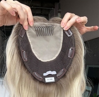 Postizo de Cabello Humano Remy Virgen Ruso Europeo Rubio Cenizo con Reflejos, Topper de Encaje Cerrado con Trama Trasera para Mujeres Blancas