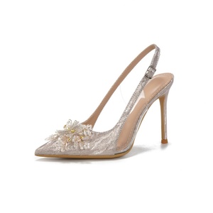 Nouvelles sandales slingback pour femme été 2026, talon aiguille, bout pointu, talon ouvert, nœud, couleur champagne - Product Image 5