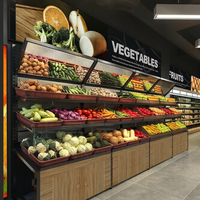 Étagère de présentation de produits, armoire de rangement, cadre en métal noir, étagère à fruits et légumes, finition bois pour supermarché, épicerie