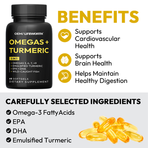 LIFE WORTH OEM Omega 3 6 9 Supplement Plus Kurkuma Curcumin DHA & EPA, Fischöl für Gehirn-und Herz gesundheit und Gelenk unterstützung D3/K2