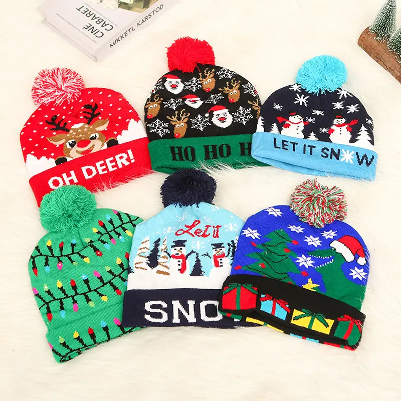 Winter Knit Hat With Christmas Light Custom Christmas With Leds Led Caps Pom Beanie Christmas Hats