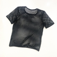 Haut ample grande taille à col rond en maille géométrique à manches courtes, motif résille, respirant, élégant, tendance, unisexe, style streetwear