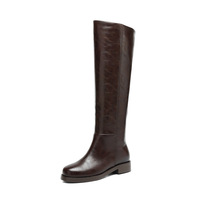 Bottes d'équitation d'hiver en cuir véritable à bout rond, à talon épais et hauteur genou