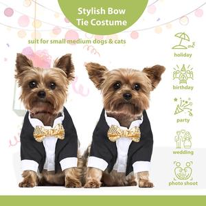 Tenue de smoking élégante et luxueuse pour chien - Ensemble de mariage respirant en polyester pour chiens de petite à moyenne taille avec nœud papillon doré - Product Image 2