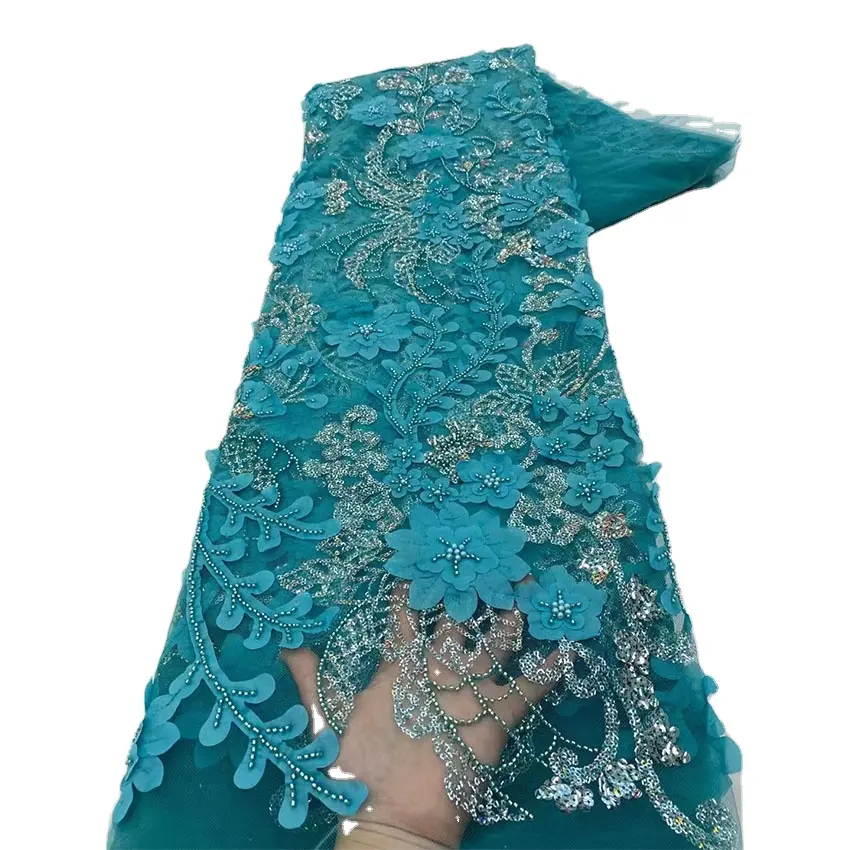 アフリカンロープチュールレース生地の色高級3Dフラワープリント刺繍スパンコールベルベット綿100% 5ヤード