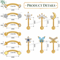 Joyería para Piercings Corporales de Titanio ASTM F136 con Circonita Cúbica (CZ) en Formas de Mariposa, Margarita, Luna Creciente y Estrella, para Aros, Barbell Curvo, Piercings de Ceja, Anillos de Nariz y Cartílago