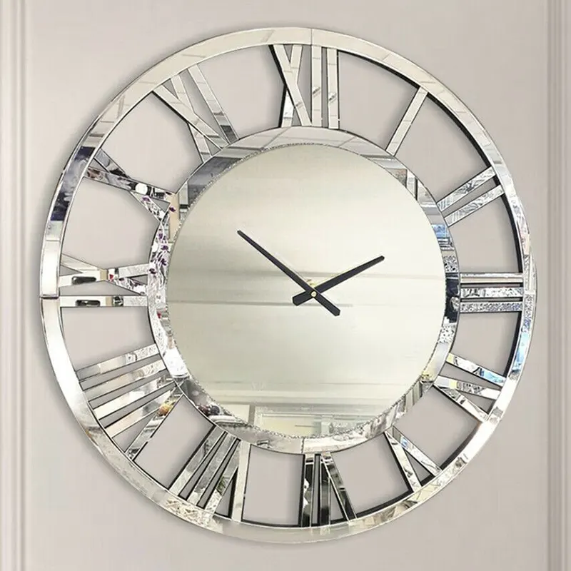 Large modern living room silver mirror decorative wall clock
