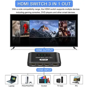 Pengalih HDMI, resolusi tinggi 1x3, pengalih HDMI mendukung 4K30Hz 1080P60Hz resolusi HD kendali jarak jauh HDMI untuk komputer PC