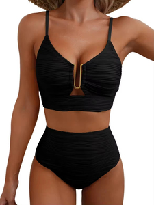 Ensemble de bikini taille haute couleur unie pour femme, maillot de bain sexy fendu style européen et américain, tenue de plage - Product Image 1