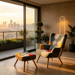 Multicolor <strong>Patchwork</strong> Wingback <strong>Chair</strong> with Ottoman, Linen Upholstered Accent <strong>Chair</strong> for Living Room, BSCI Certified - Product Image 2
