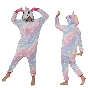 Hewan ritel grosir piyama Natal Onesie kostum flanel kartun bersinar di malam keluarga Unicorn Pijama Kigurumi