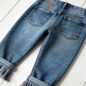 Jeans en denim à jambe droite pour enfants, avec franges à l'ourlet, effet délavé vintage, pour filles et garçons, personnalisation de <span class=keywords><strong>marque</strong></span> disponible - Product Image 4