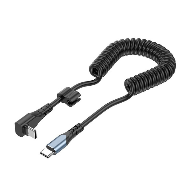 Vehicle Mounted Spring USB-C to Type-C 90 Degree Right-Angle Fast Charging Cable PD 60W/27W Pure Copper Conductor Nylon Jacket